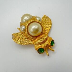 “Ivana” Gold Bee Brooch with Pearls and Green Accents